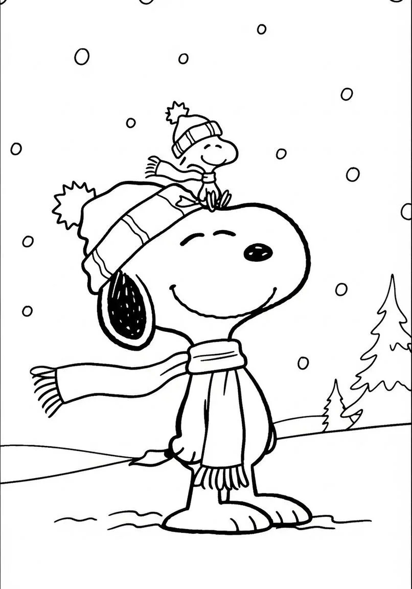 Snoopy and Woodstock Winter Snow Fun Coloring Page