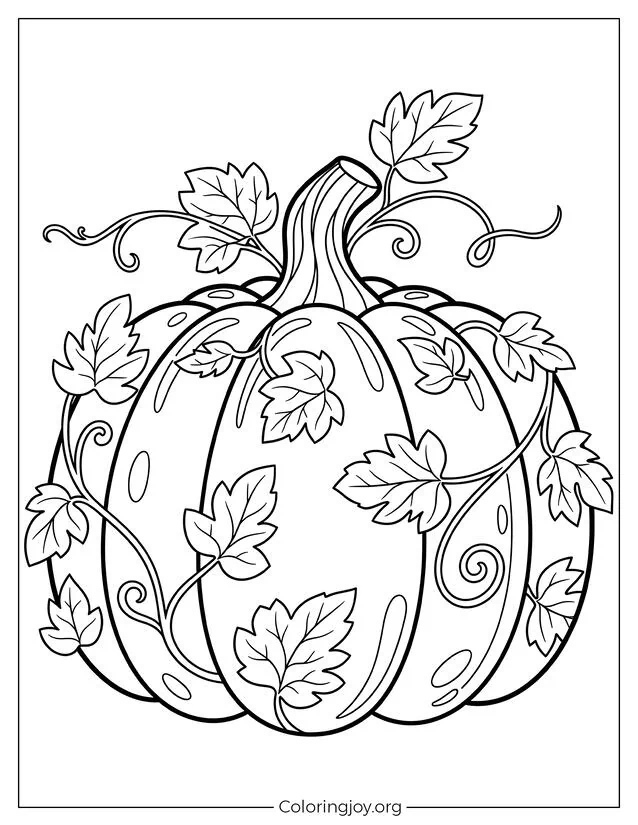 Autumn Pumpkin Coloring Page with Leaves