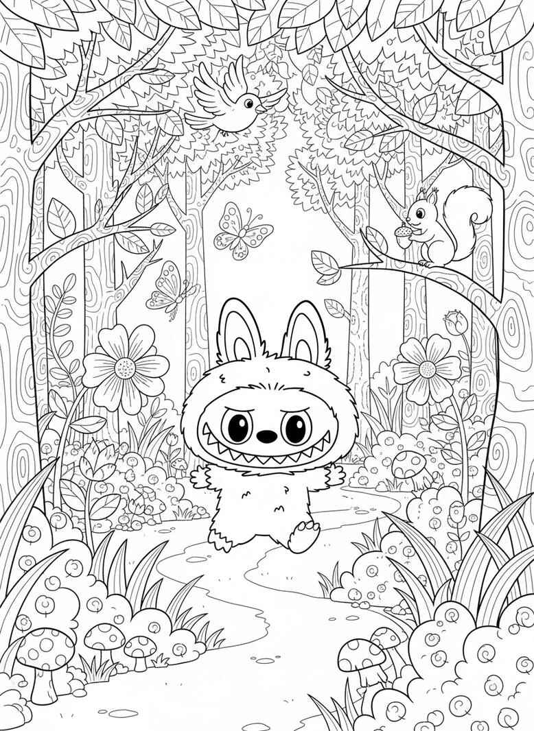 labubu forest coloring page