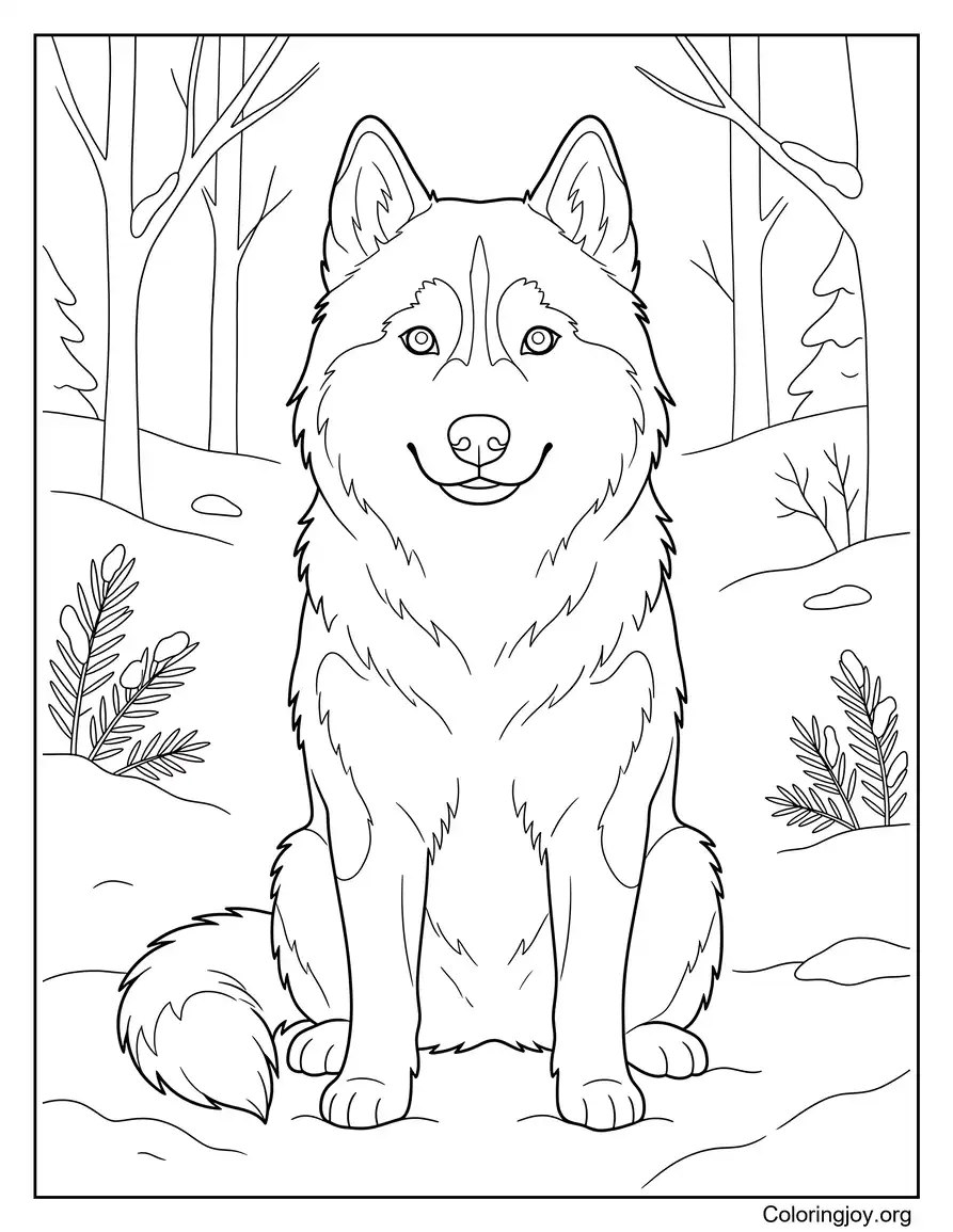 Realistic Siberian husky sitting in winter forest scene