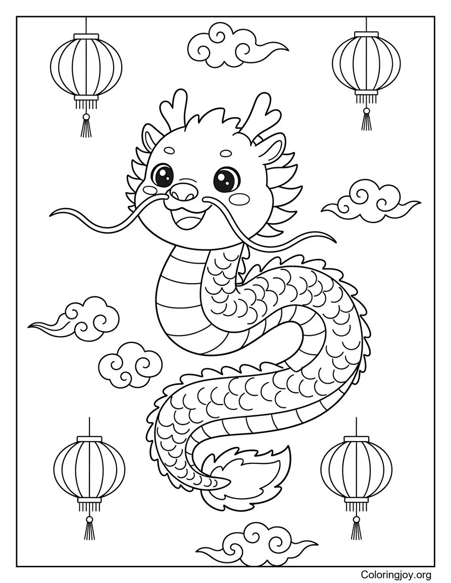 A Chinese dragon glides through the sky between lanterns and curly clouds.