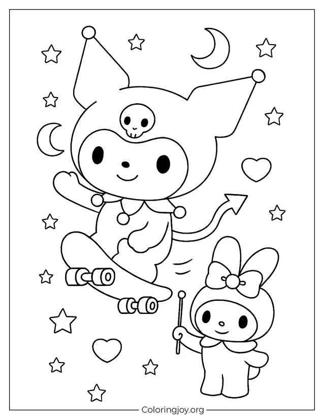 A playful skateboarding moment with Kuromi and My Melody awaits.