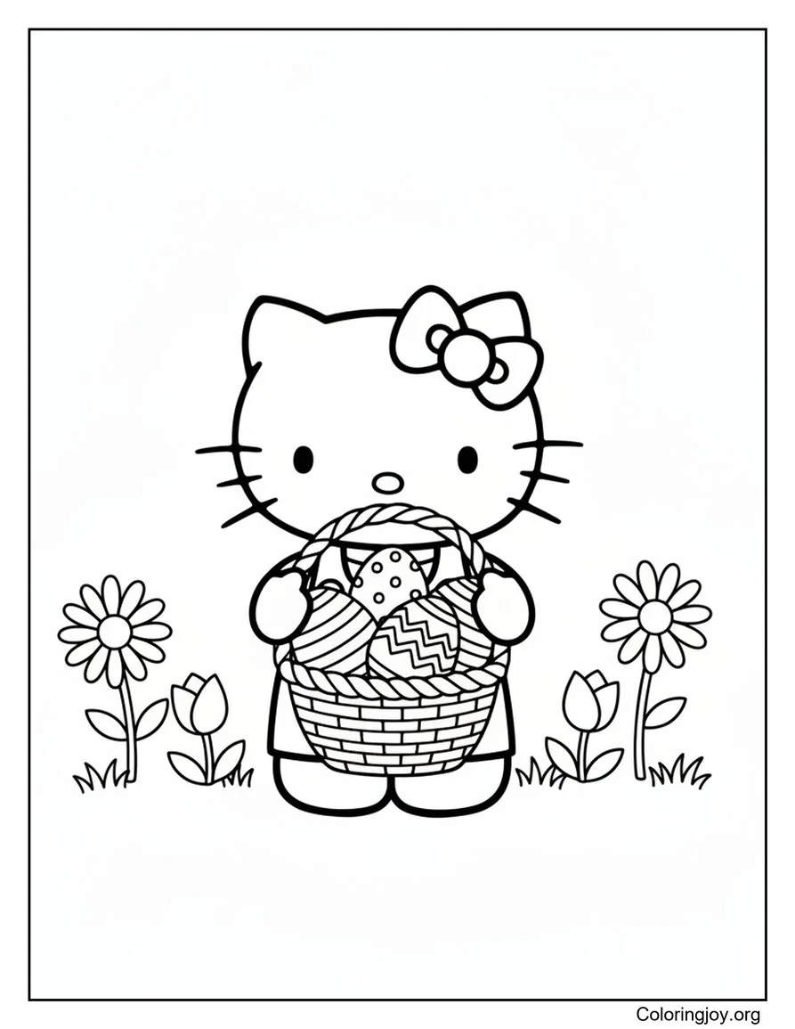 Hello Kitty carries a basket of decorated eggs through a spring garden.