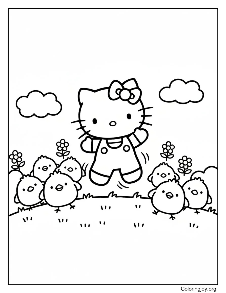 Here Hello Kitty and three baby chicks jump in a flower-filled meadow.