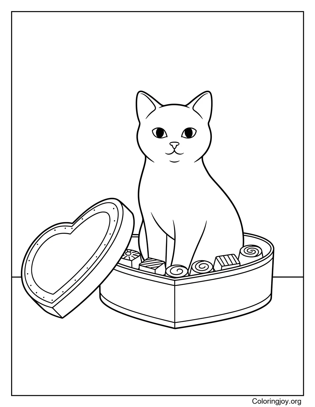 Sweet treats surround this cat resting inside a chocolate heart box.