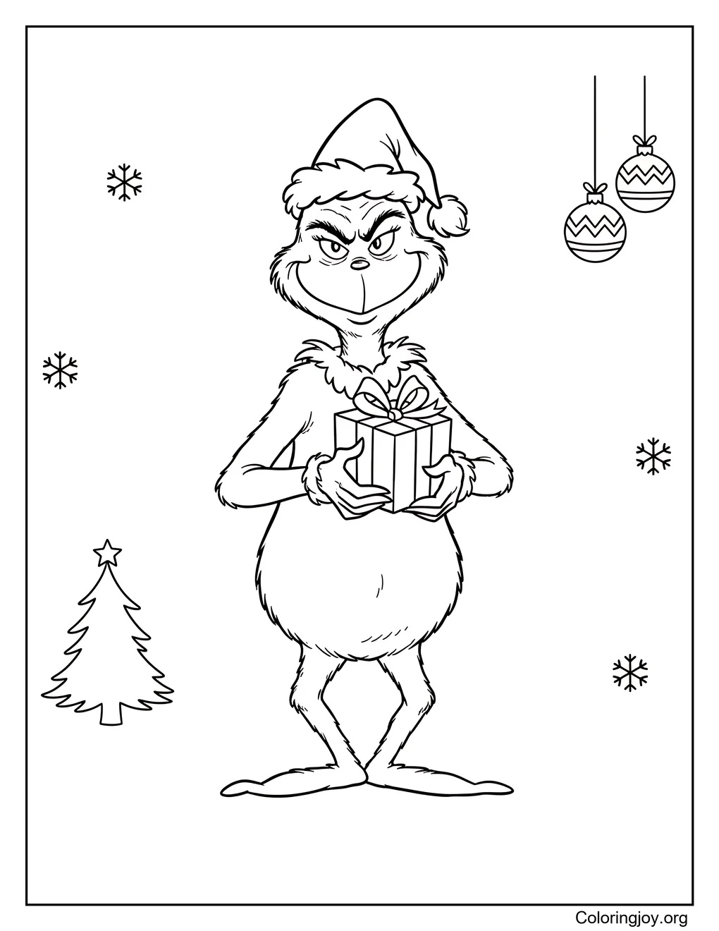grinch posing for a christmas photo coloring page