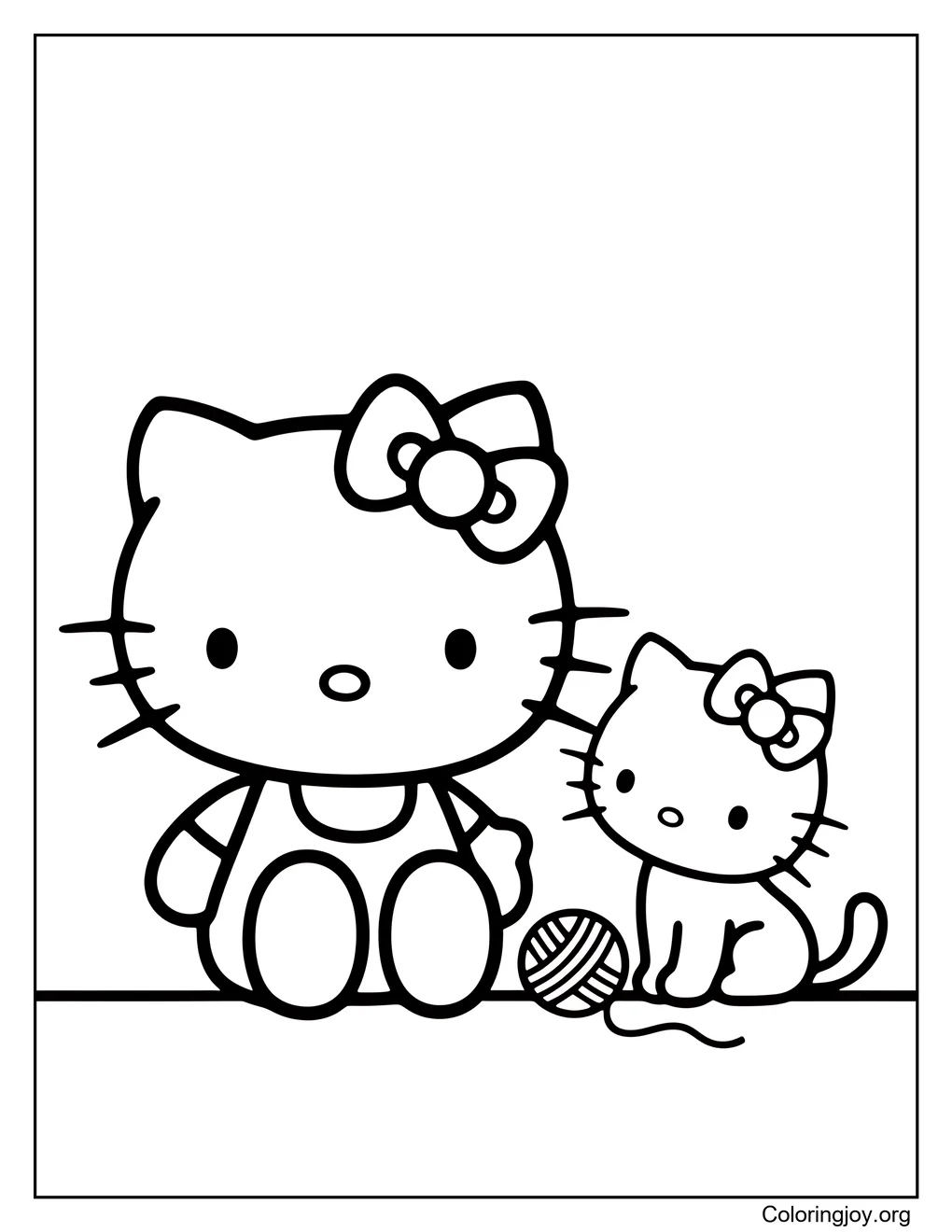 Spending time together, Hello Kitty sits with a kitten and yarn nearby.