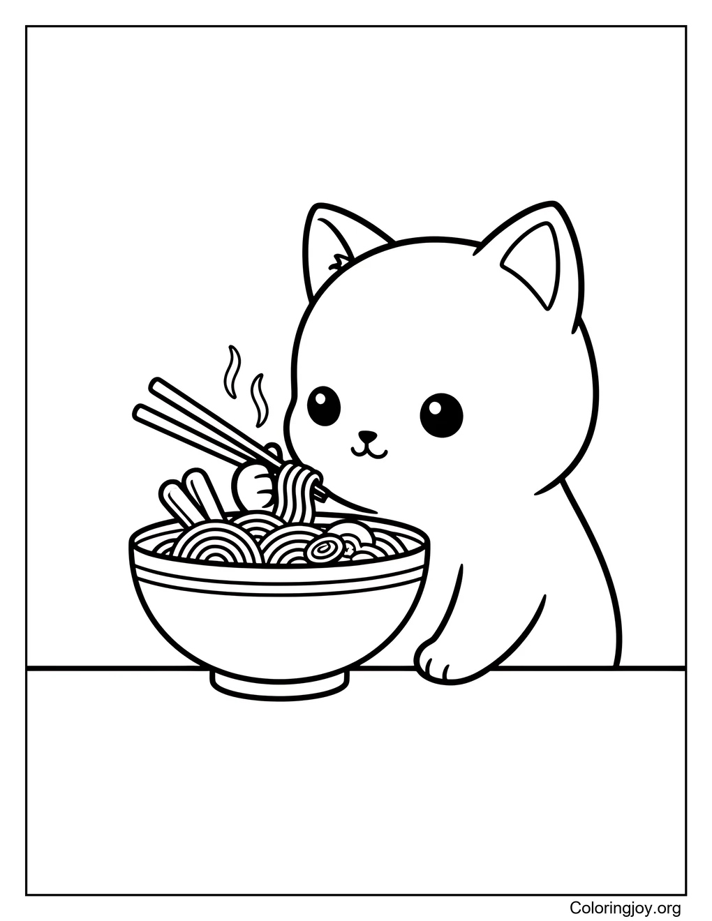 Waiting patiently, this kitten sits beside a warm bowl of noodles.