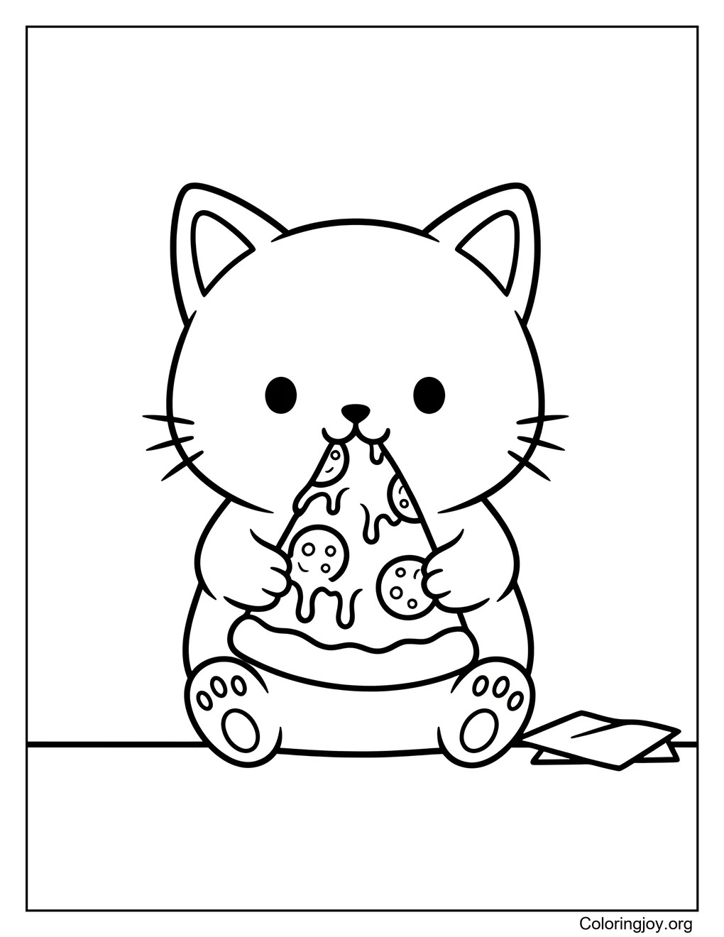 Enjoying a slice of pizza, this cat looks relaxed and happy.