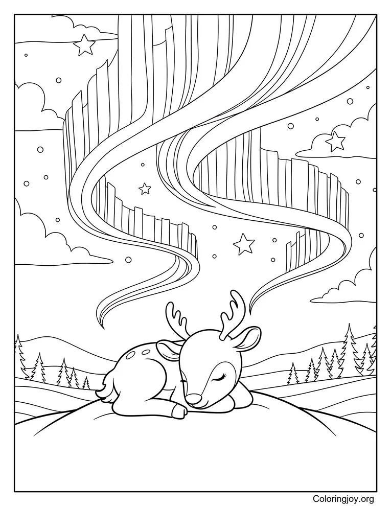 Reindeer sleeping under northern lights coloring page