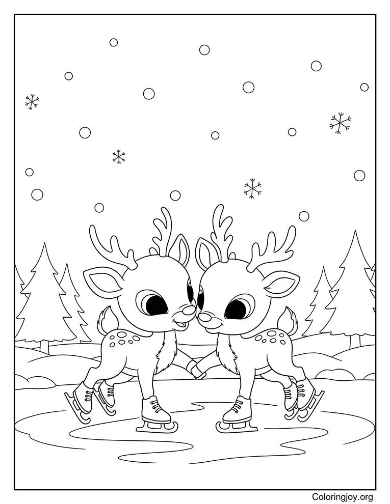 Rudolph and Clarice ice skating together coloring page