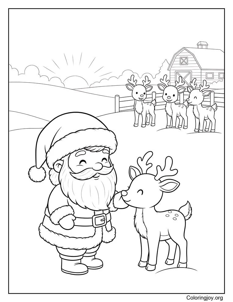 Santa saying goodbye to his reindeer after Christmas night coloring page