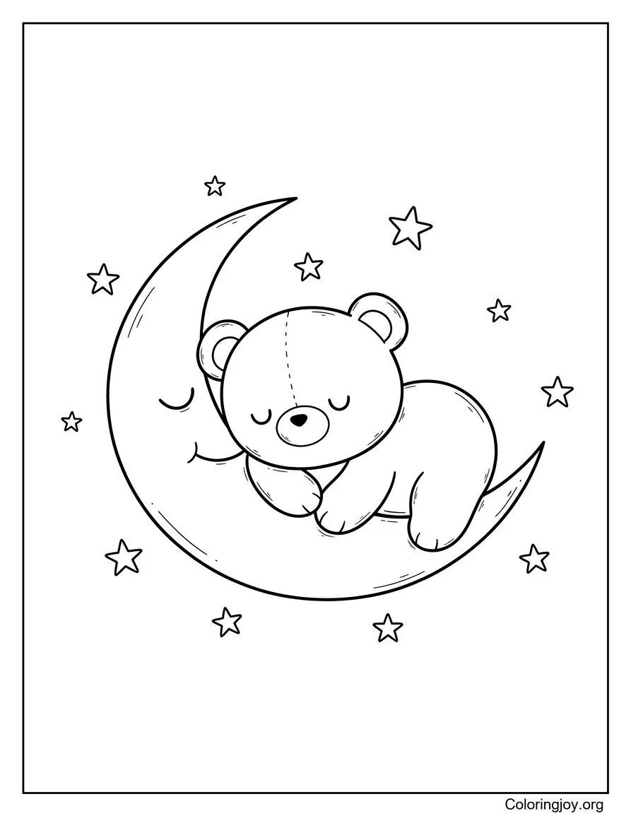 Sleeping on a crescent moon, a teddy bear looks peaceful and relaxed.