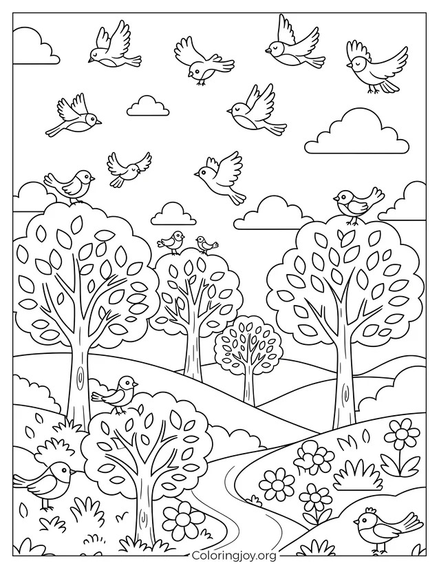 Easy Nature Scene Coloring Sheet for Kids