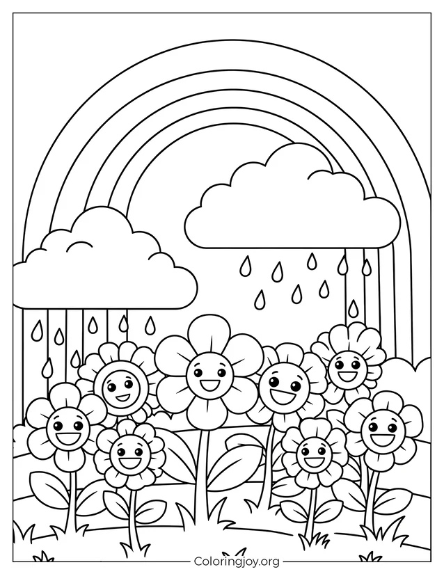 Easy Spring Rainbow Scene to Color for Kids
