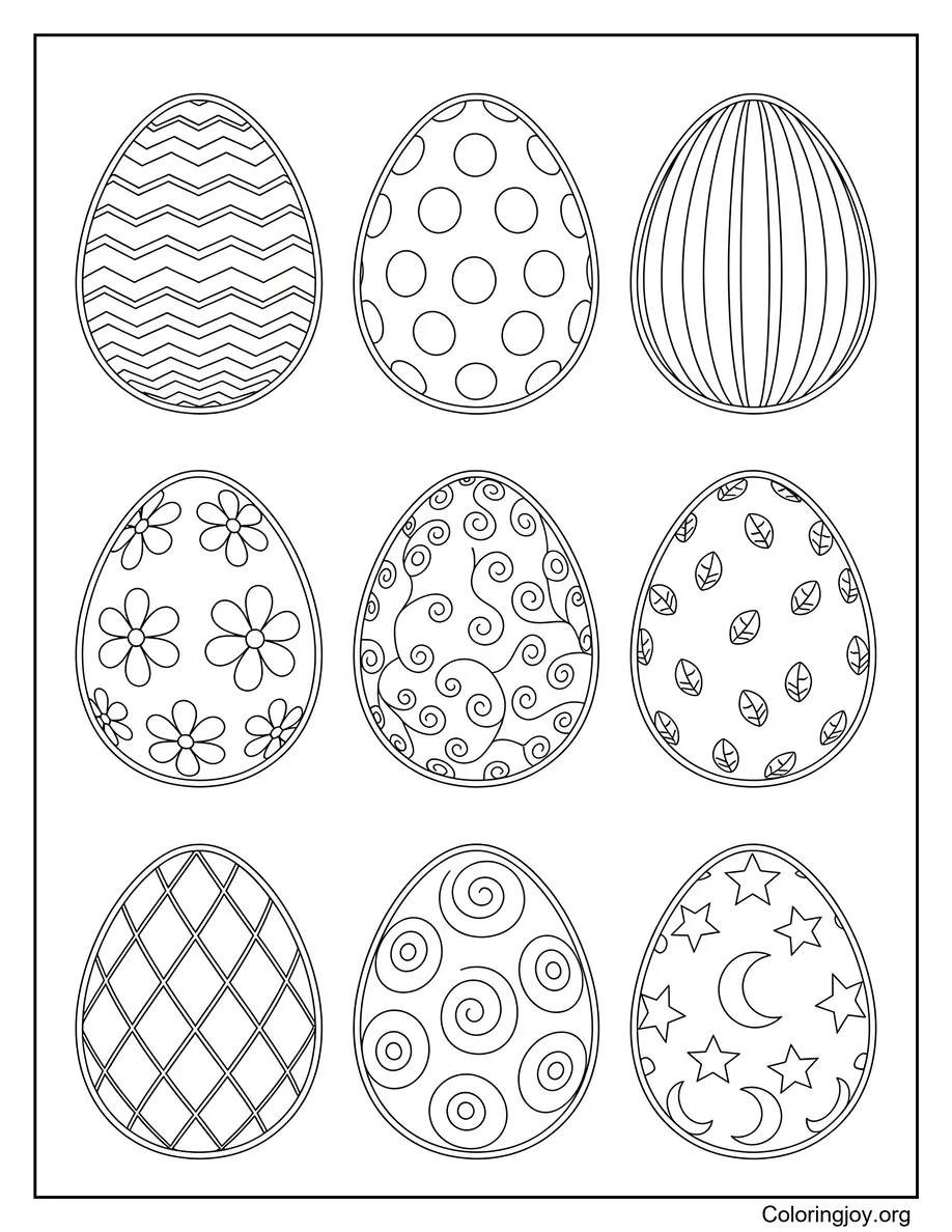 This worksheet shows nine different Easter eggs arranged in a neat grid.