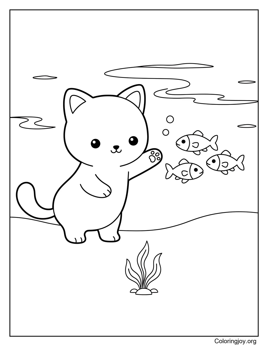 Stretching forward, this cat tries to catch tiny fish in the water.