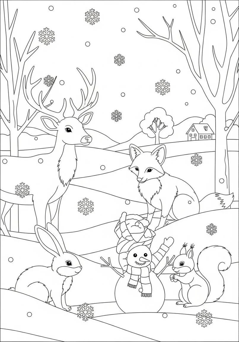 woodland animals in snow coloring pages