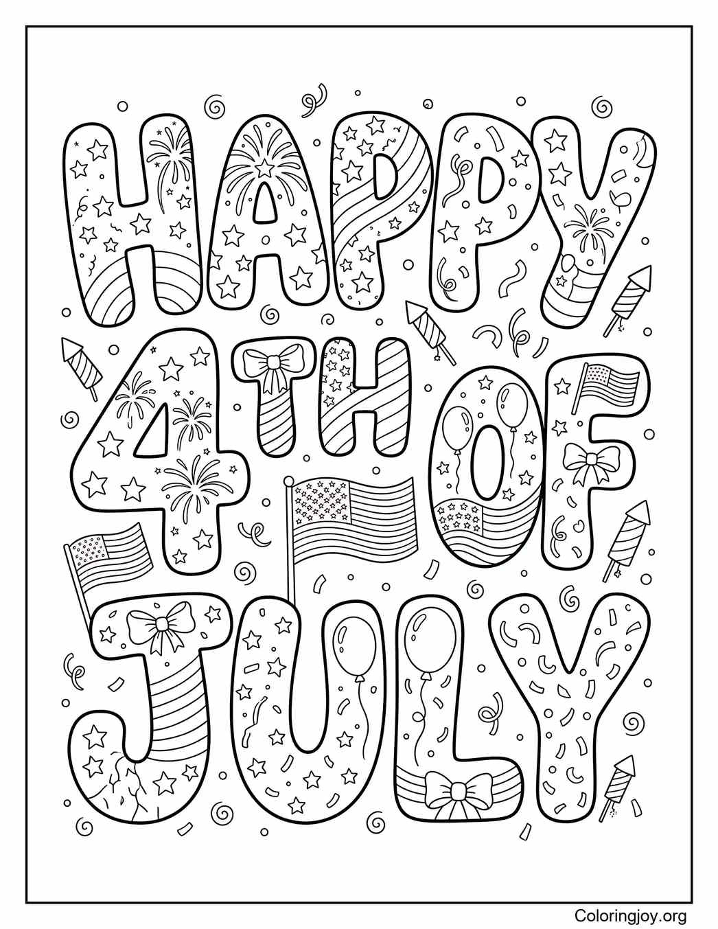 Happy 4th of July Typography Coloring Page