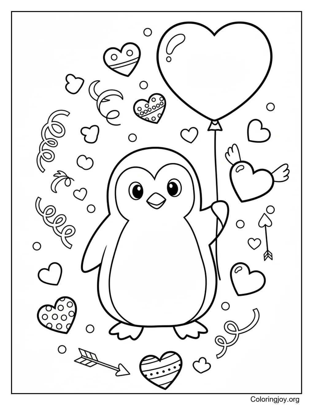 A tall giraffe stands quietly in a Valentine scene filled with hearts.