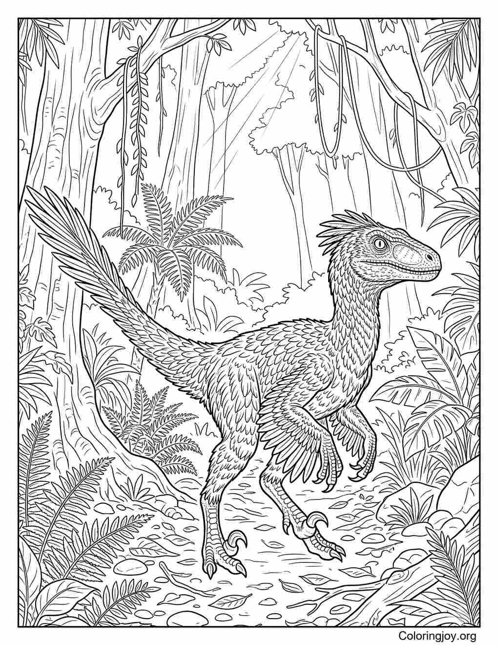 Realistic Feathered Velociraptor In The Jungle