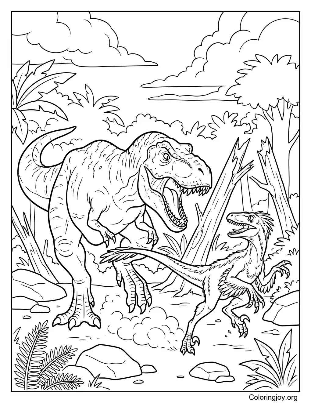 T Rex Vs Velociraptor Battle Coloring Page