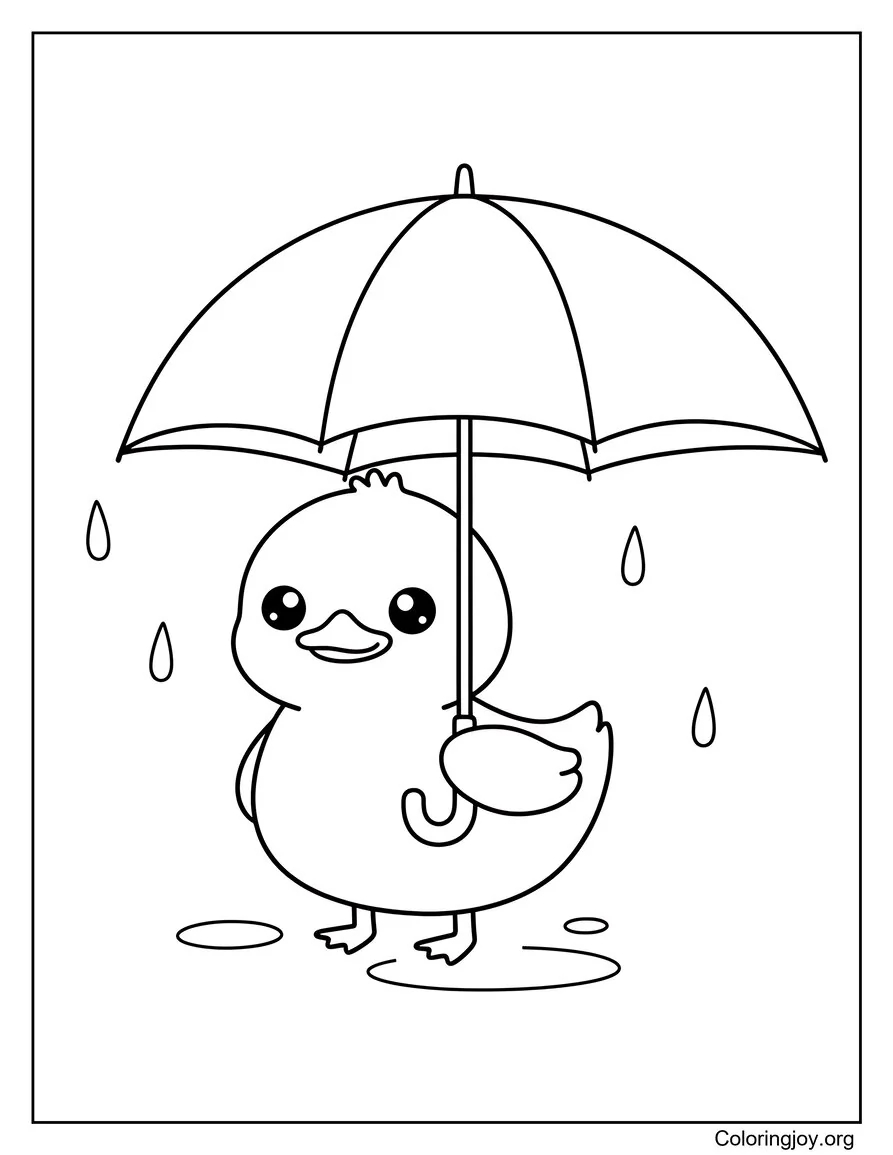 This duckling stays dry under a big umbrella on a rainy day.