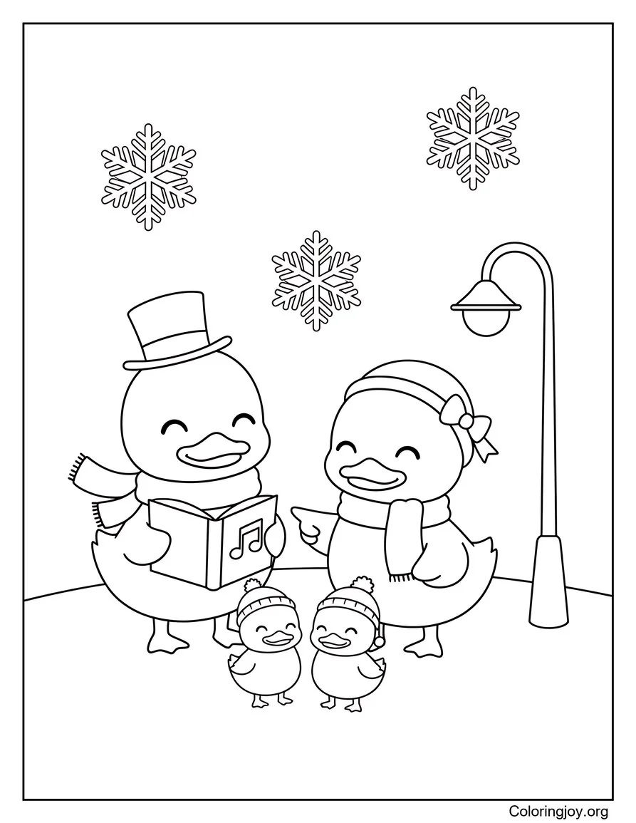 This duck family sings Christmas carols in the snow.
