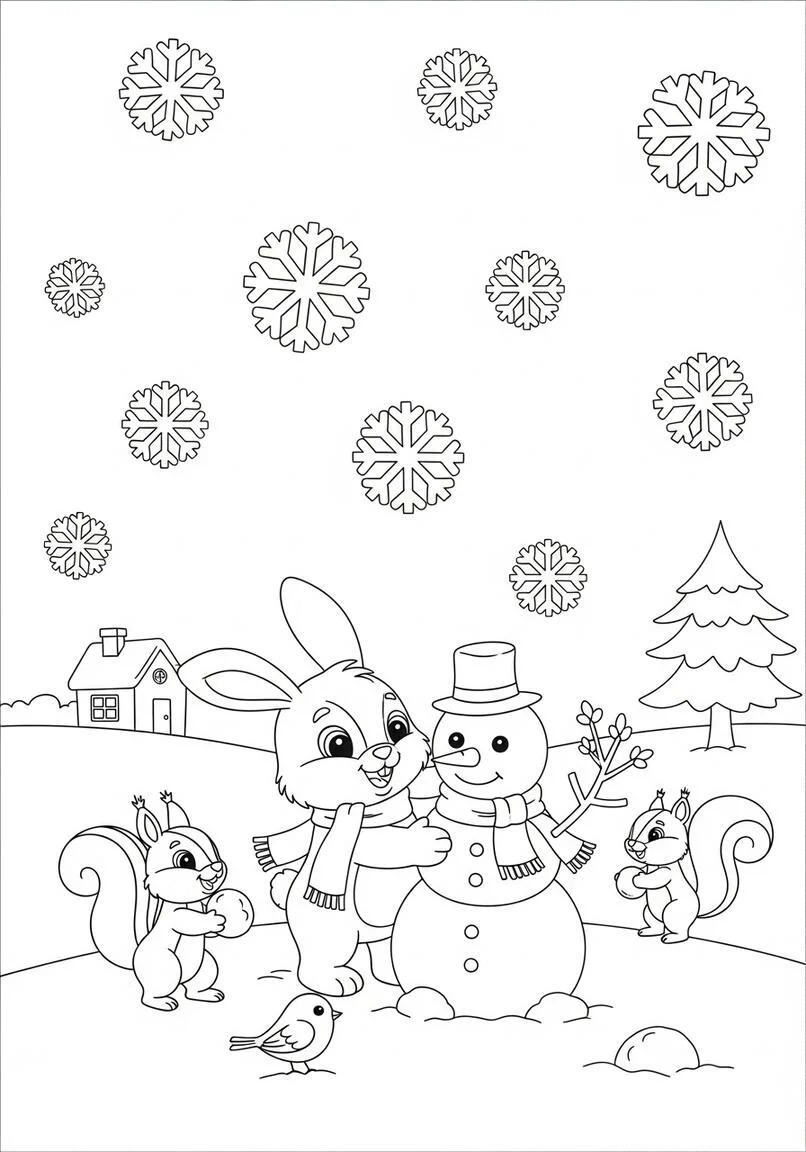 Cute Bunny Building Snowman with Forest Friends Winter Coloring Page