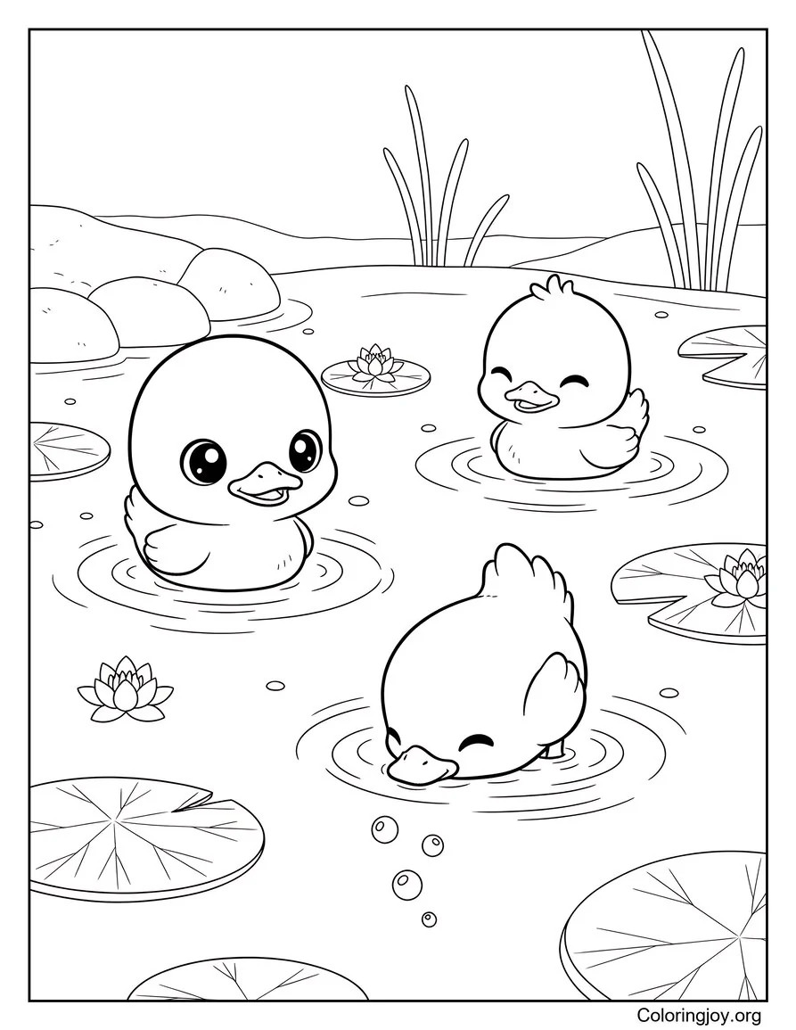 These playful ducklings dive and splash at a sunny pond.