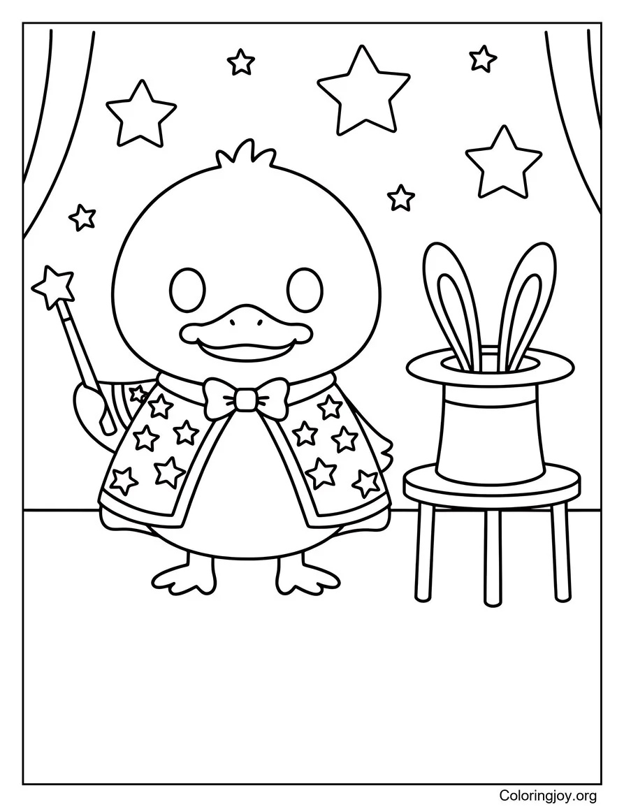 A magician duck waves a wand on stage, ready for magic.
