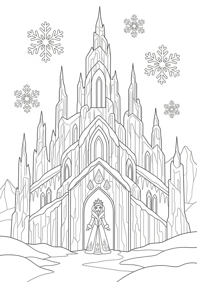 Snow Queen's Winter Ice Palace Coloring Page
