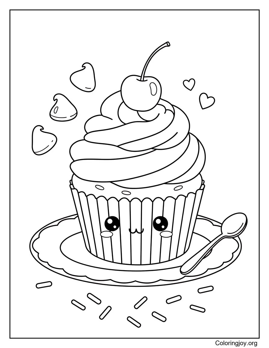 Admire a chocolate cupcake sitting on a pretty dessert plate with doodles.