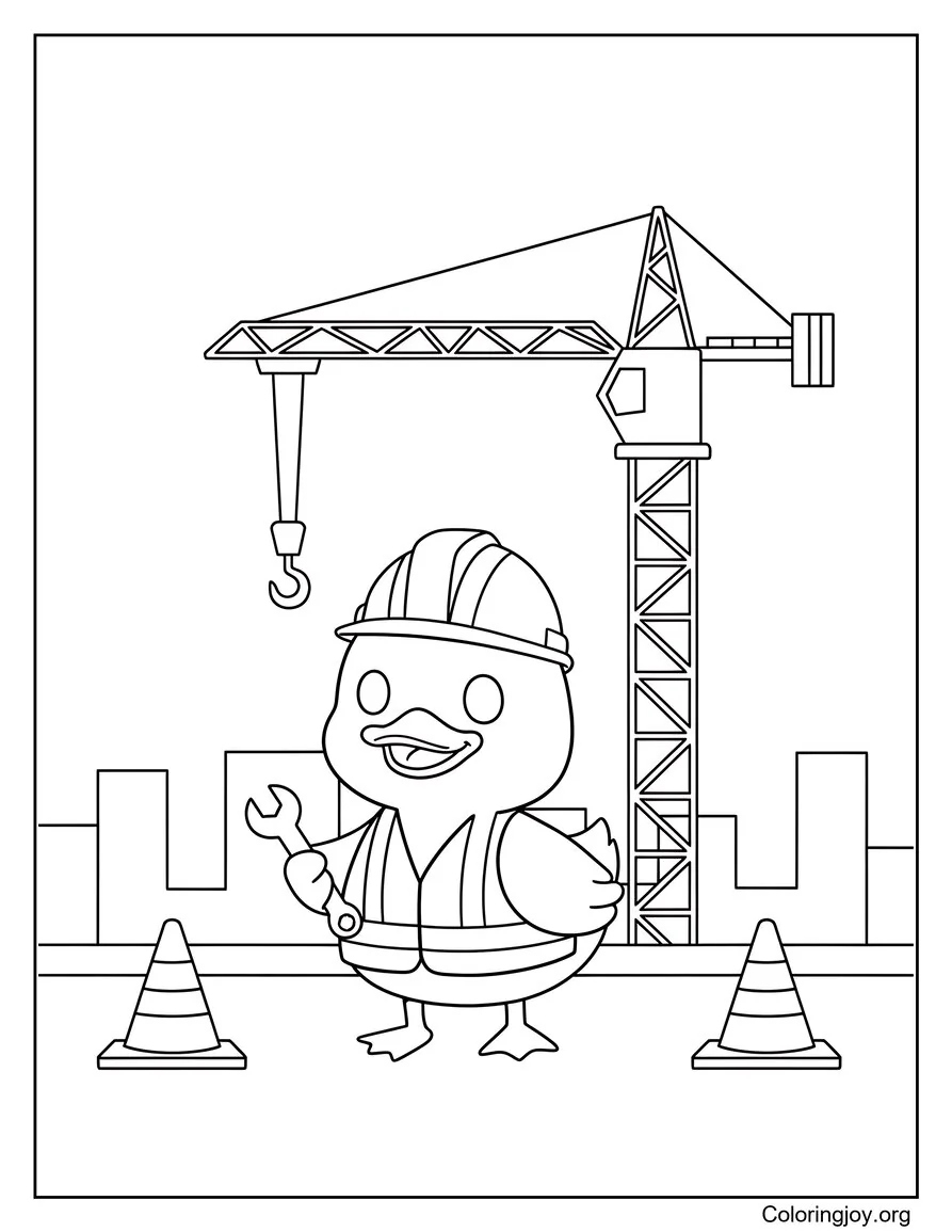 Meet a construction duck surrounded by cranes and cones.
