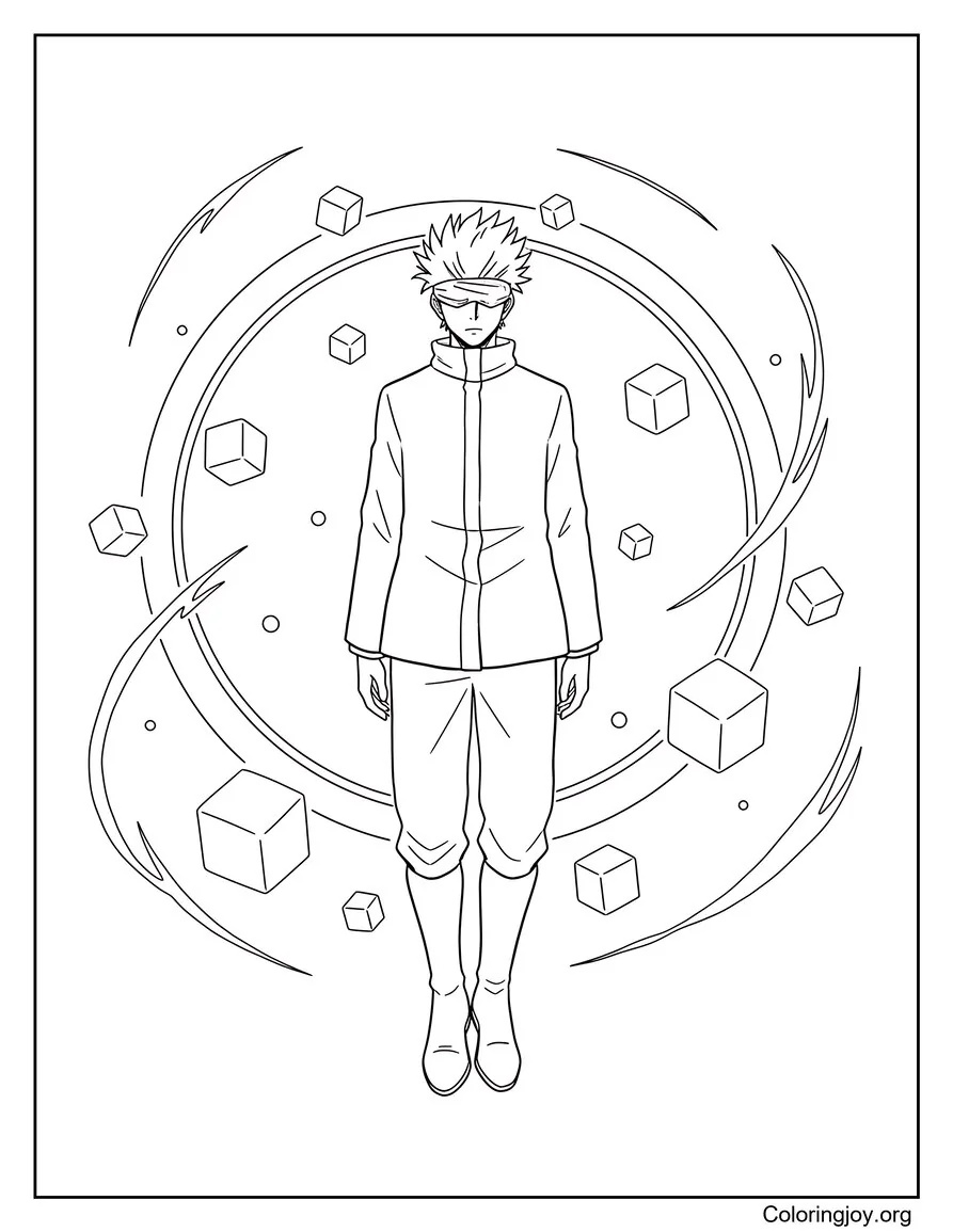 Inside a quiet space, Gojo floats peacefully, deep in thought.
