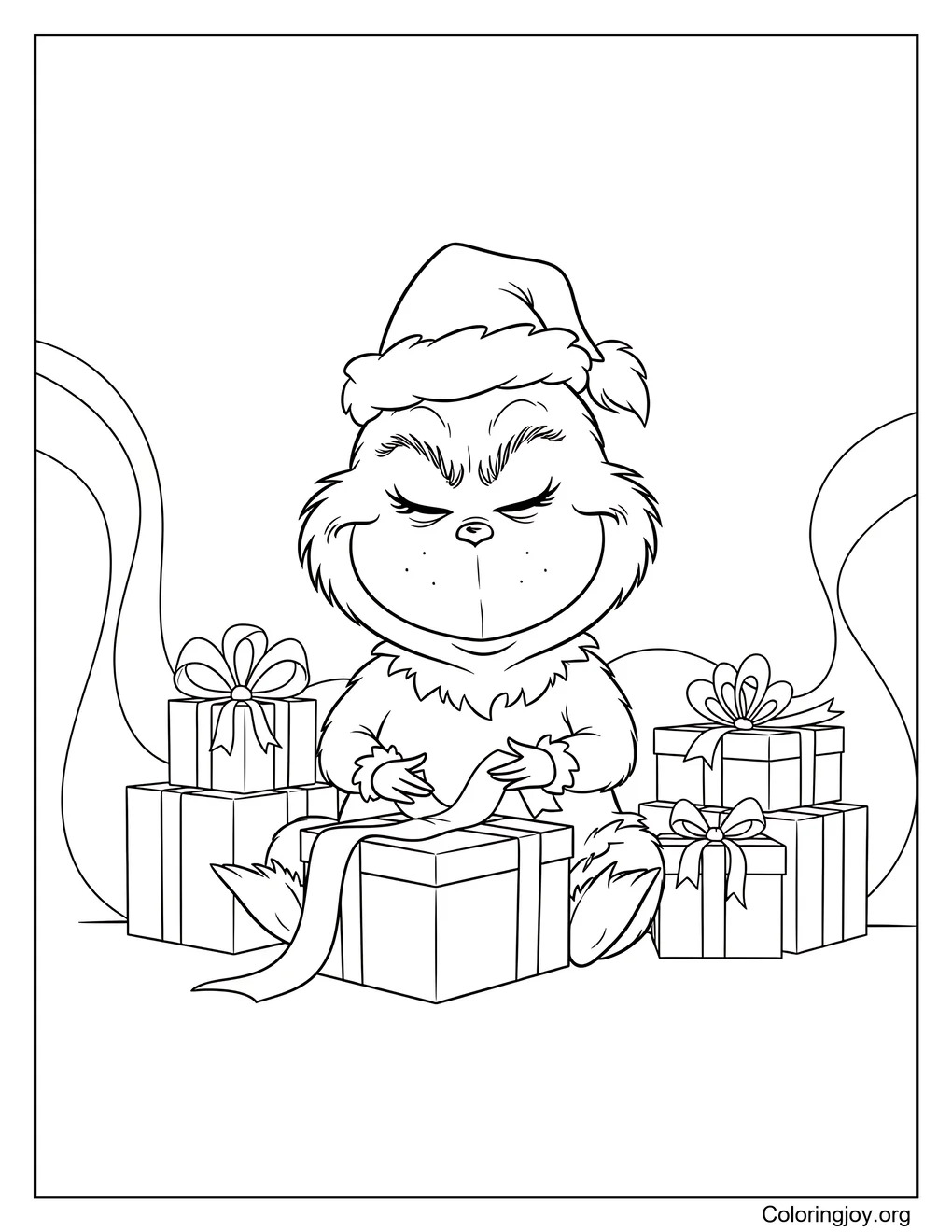 coloring page of grinch wrapping presents