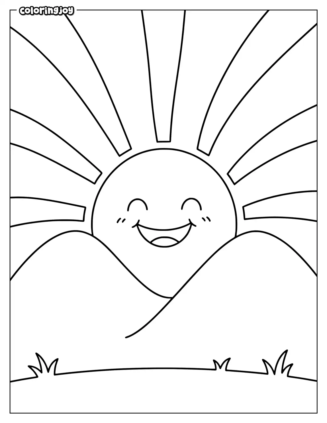 Bright sun rising behind rounded mountains.