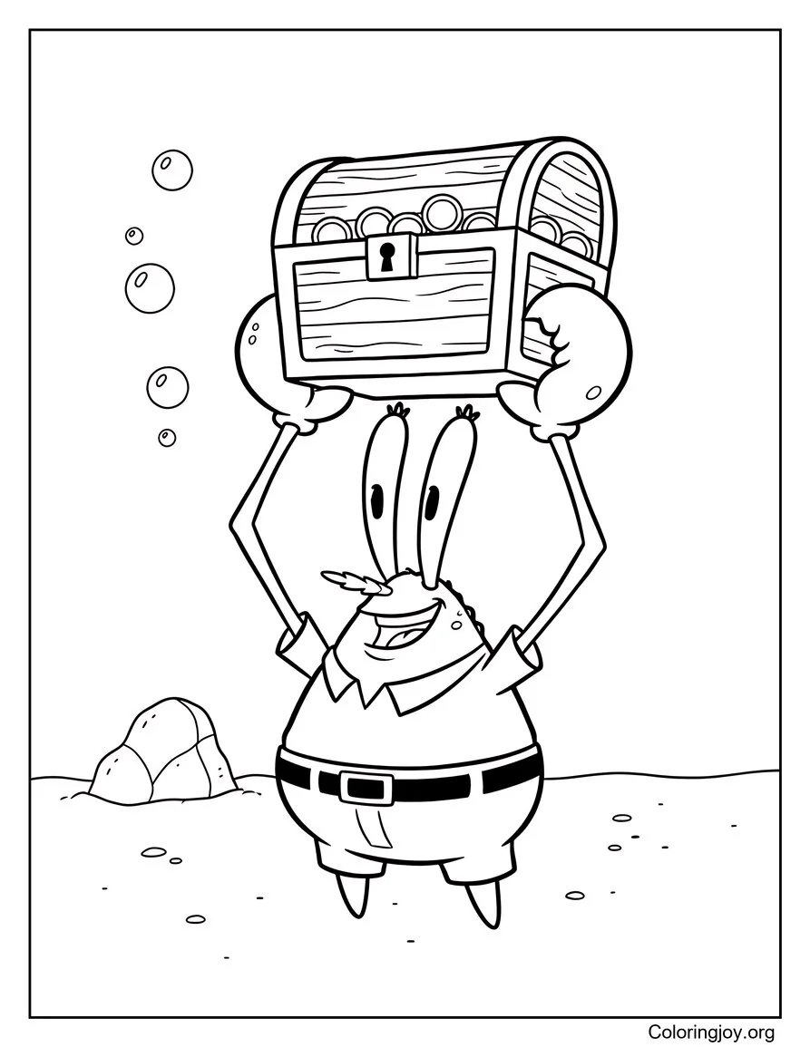 Holding a chest of gold coins, Mr. Krabs smiles proudly.