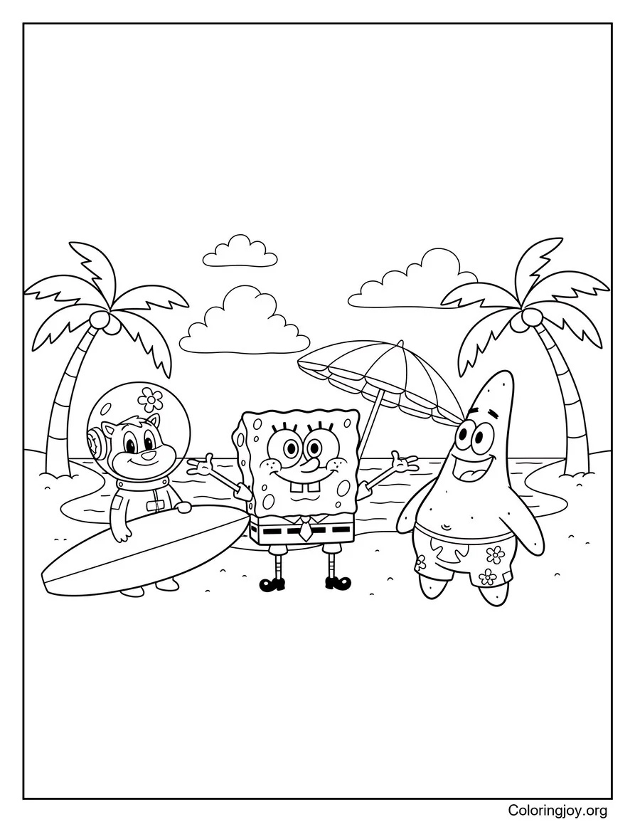 Beside the beach, SpongeBob, Patrick, and Sandy enjoy a sunny day together.
