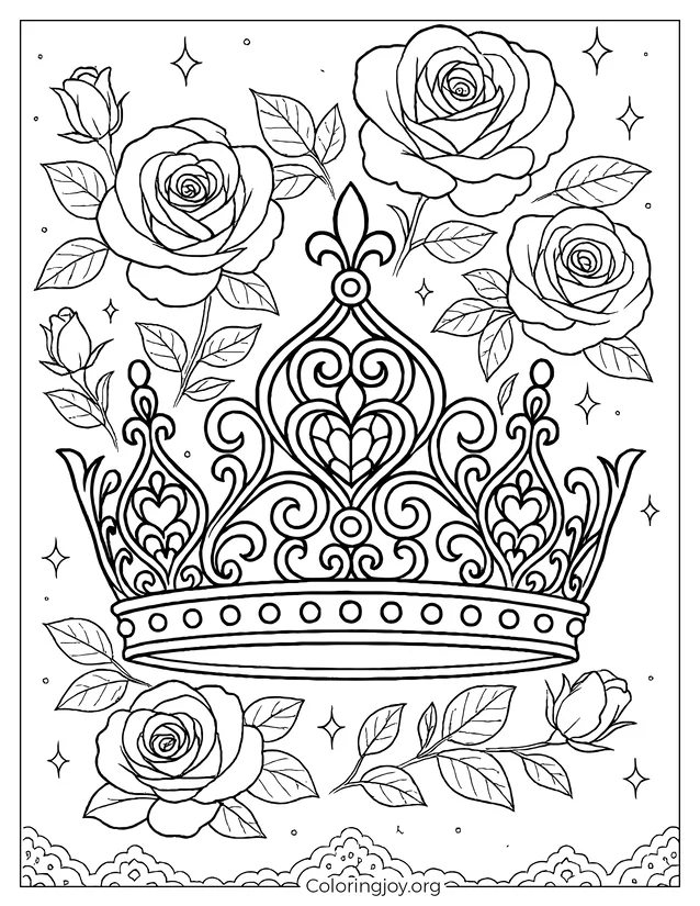 Elegant Princess Crown Coloring Page with Heart Gem and Roses
