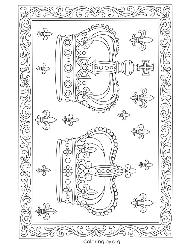 Royal Crowns Coloring Page with Pearls and Floral Designs