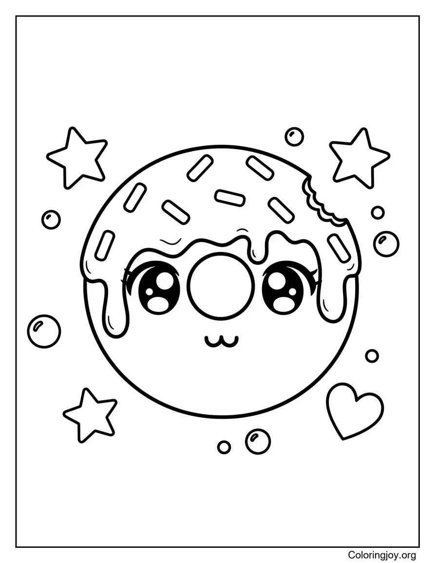 This smiling donut bounces among stars and hearts, waiting for crayons.