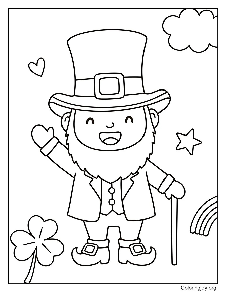 A happy leprechaun waves, with big shapes that are simple to color.