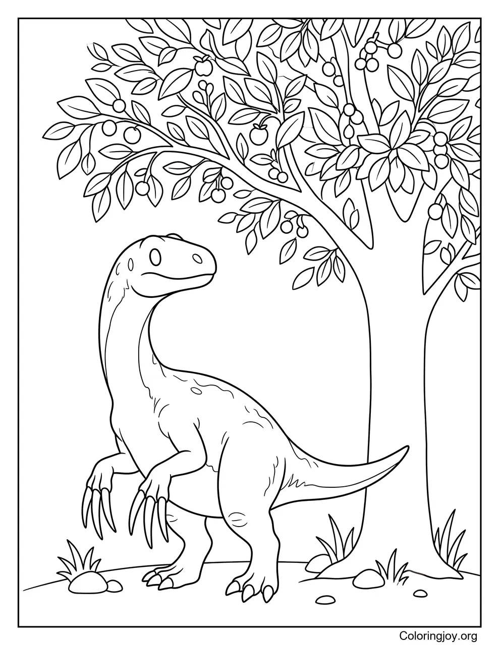 Therizinosaurus stands under a leafy tree.