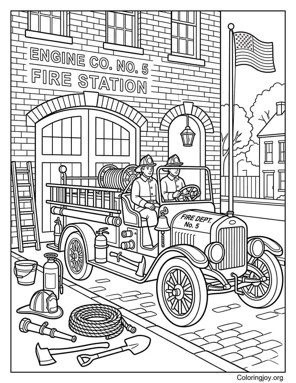 Vintage Fire Engine Coloring Page