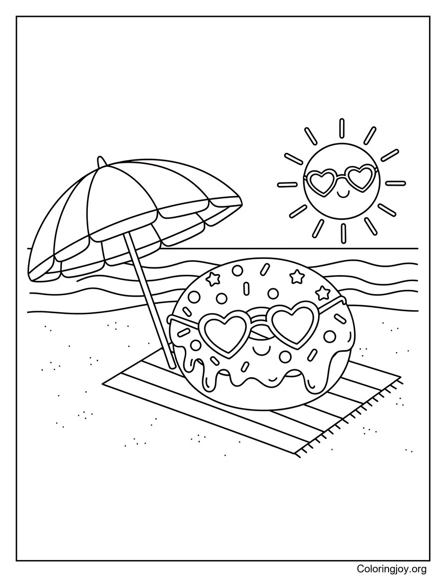 Meet a whimsical donut relaxing on a beach towel under the sun.