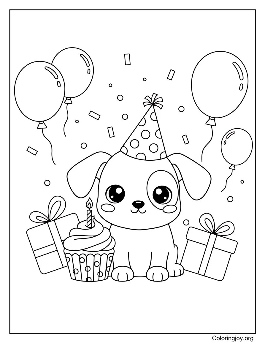 Cheer a happy puppy beside a giant birthday cupcake with balloons.