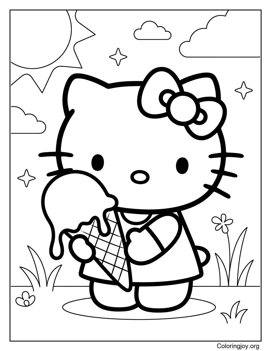 Ice Cream Treat Hello Kitty-Inspired Coloring Page