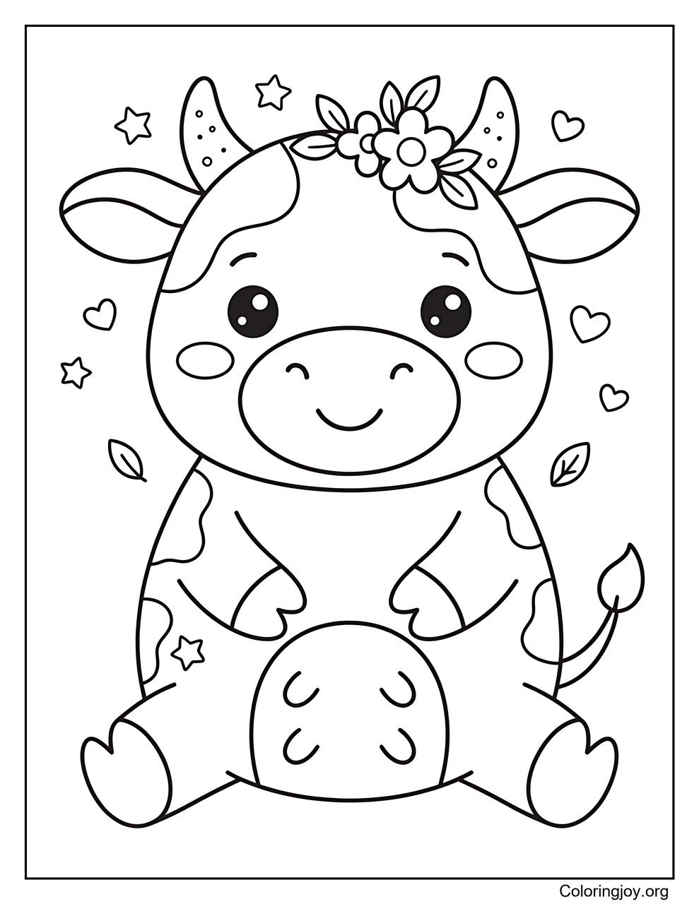 Have fun coloring an extra-cute kawaii cow with an adorable smile.