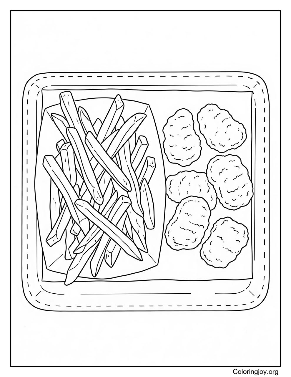 Crispy chicken nuggets share the plate with a big pile of fries.